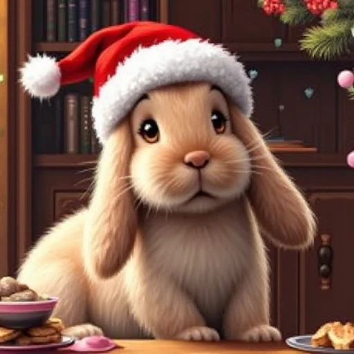 masterpiece, 8k, very detailed, a rabbit on tea table, ultra cute real rabbit:2, sitting, wearing a Christmas cap, room, christmas decoration, Rabbit focus, looking at viewer 