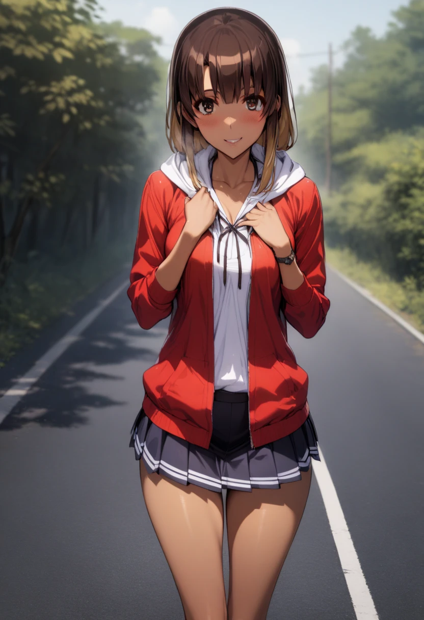 1girl,solo,megumi katou,gal,dark skin,gal makeup,short golden blonde hair, hoodie ,mini skirt,inviting posture,standing on the road,inviting smile to viewer,seductive atmosphere,masterpiece, best quality,ultra detailed,