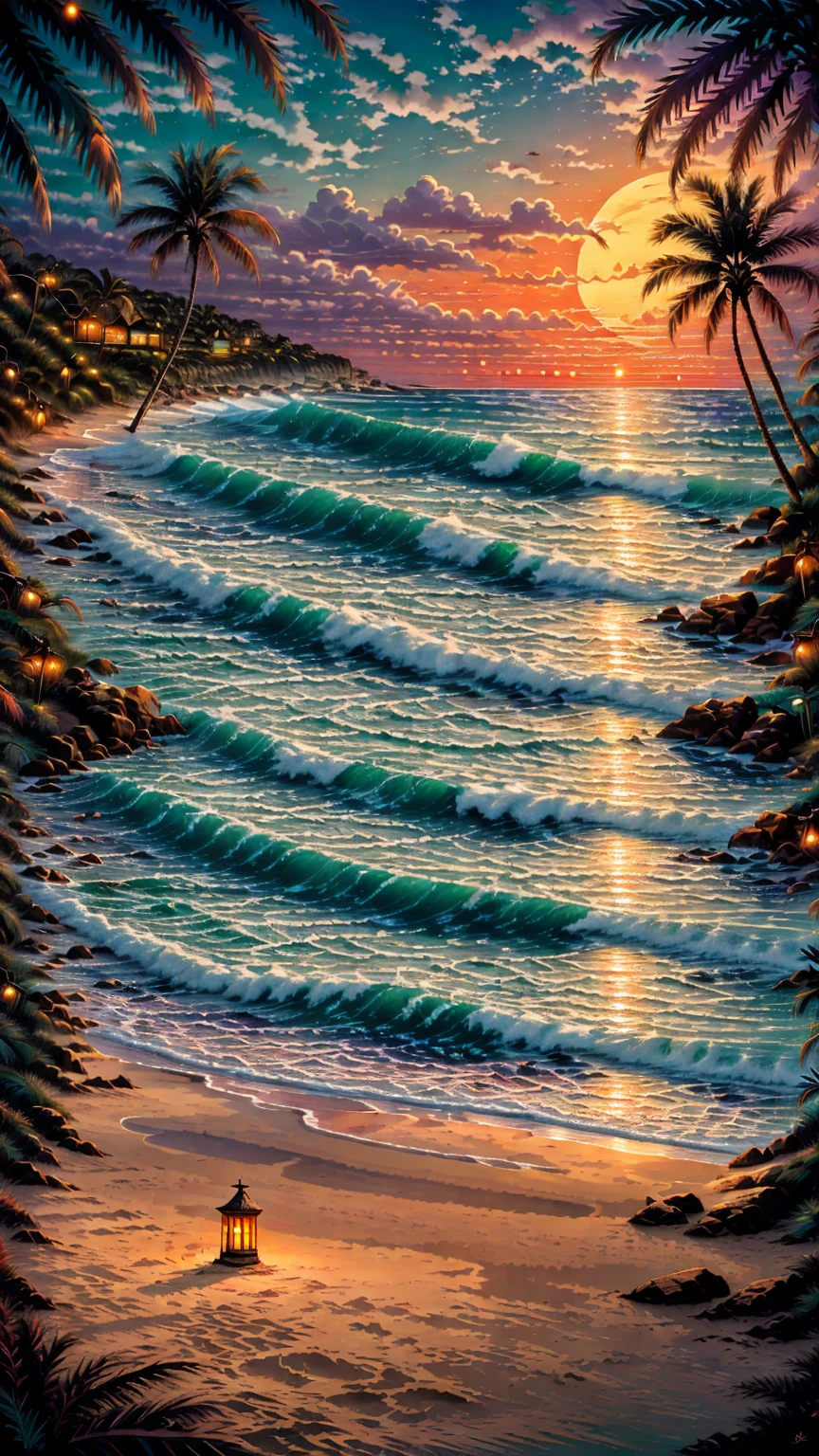 Tropical beach Christmas, palm tree as Christmas tree decorated with seashells and starfish, vibrant lights, sand snowman with sunglasses and Santa hat, turquoise waves under a glowing sunset, soft shadows, ultra-realistic textures, cheerful and vibrant atmosphere