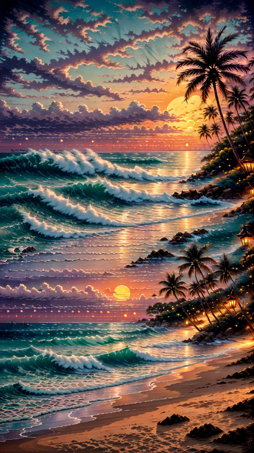 Tropical beach Christmas, palm tree as Christmas tree decorated with seashells and starfish, vibrant lights, sand snowman with sunglasses and Santa hat, turquoise waves under a glowing sunset, soft shadows, ultra-realistic textures, cheerful and vibrant atmosphere