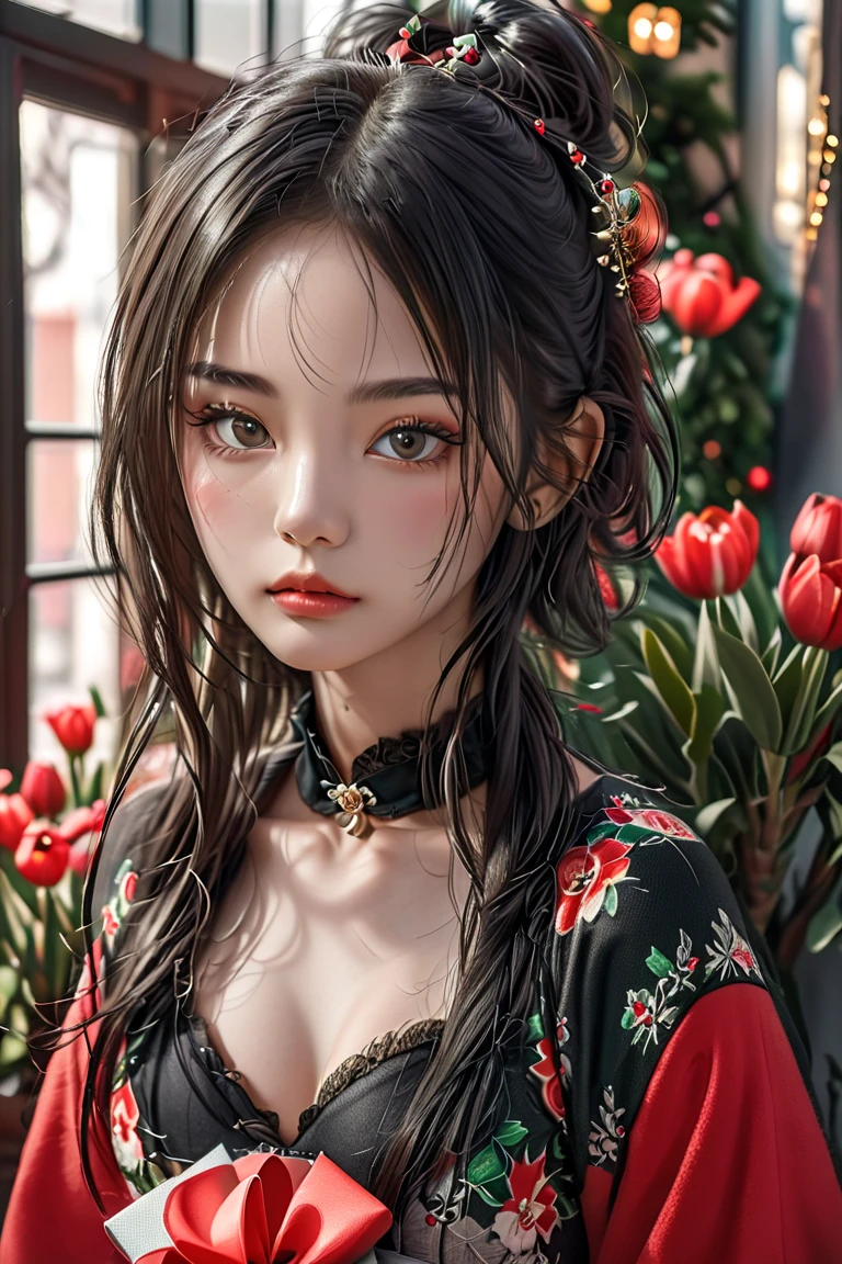 A young Asian model of rare beauty, harmonious face, extremely pinkish-white milky skin, sensual body, blackest Chanel cut hair intense  gray green eyes with thick eyelashes; she wears typical Santa Claus clothes (with a feminine and sexy touch); She poses standing, surrounded by Christmas-patterned gift wrapping. A Christmas tree, window with curtains, vase with tulips (on a small table) in the background. Color photography with Canon EOS R100 45mm ISO 12,800 4K camera