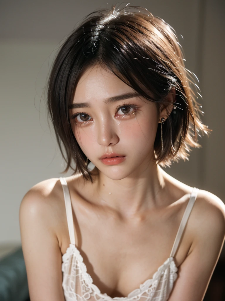 (2 pure Japanese girl,), (Small breasts:1.5,),(solo,,Textured skin, Detailed skin,Detailed face,Detailed eyes,detailed posing,Natural eyebrows,Sparkling Eyes,High detail, Highest quality, Super detailed, Surrealism, ,8k,RAW Photos,Photographicism,Professional Lighting,Ray Tracing,Portrait Photography,Soft Light),(((Black Hair, Natural Makeup,Simple earrings, Bob Hair))),(((Put your chest close,Close-up,Dutch Angle, Chest girth, )))