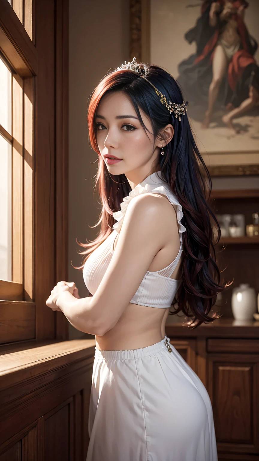 8k, masterpiece, RAW photo, best quality, detail:1.2),photorealistic, extremely detailed CG unity 8k wallpaper, Lens Flare, (extremely beautiful face, beautiful red lips, beautiful eyes), intricate detail face, ((ultra detailed skin)), 1girl, in the dark, deep shadow, pretty girl, (slim slender fit-muscled body:1.3), ((looking at viewer)), (big smile), (laced dress), (city night, (neon sign), (night), pantyhose, clear eyes, walking, face forward, (((big brown eyes))), ((upper body shot)), dress, laced dress, turning back, back shot, very slim, slander, ((white braid hair over shoulder)), (((red: pink: skirt dress: gloves lace)))))), 3D, rich colors, (black makeup:1.3), (lace stockings with garters, cord trim, lace), (Intricate detailed multi-layer bodysiut lacy lace-upp), necklace, bracelets