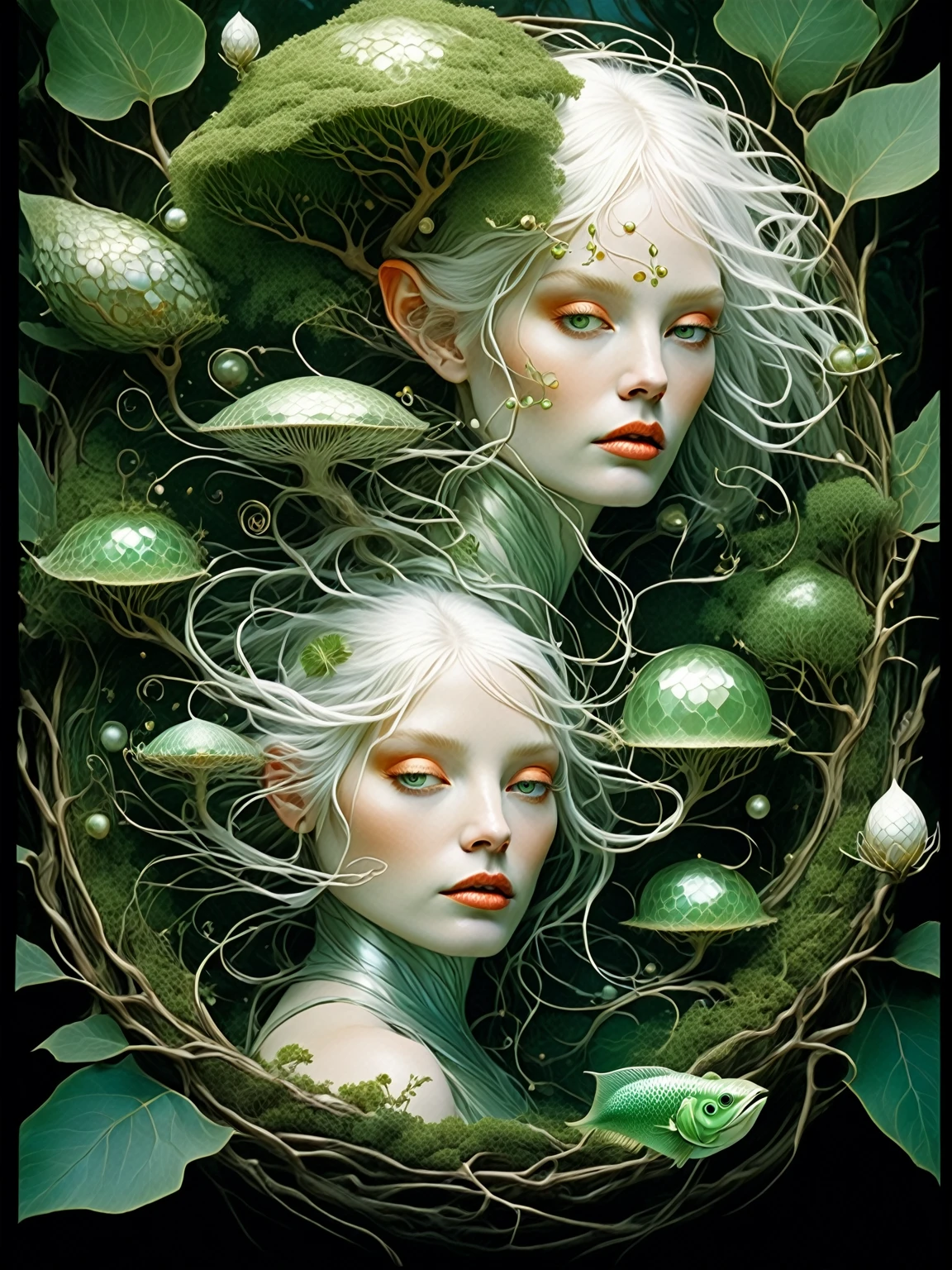 Fantasy Surrealism in the style of Brian Froud. Ultra-detailed 3D, 16K. Create image of a surreal woman in development in a pod, with scaly mother of pearl skin, white hair, and green organic root-like feeding filaments all around. A surreal forest with translucent carnelian pods embedded in trees in the background. Apply chiaroscuro, in the style of teddi mansueto, yami-yami, Alphonse Mucha, rackham