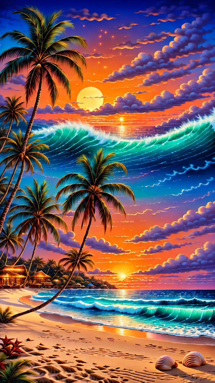 Tropical beach Christmas, palm tree as Christmas tree decorated with seashells and starfish, vibrant lights, sand snowman with sunglasses and Santa hat, turquoise waves under a glowing sunset, soft shadows, ultra-realistic textures, cheerful and vibrant atmosphere