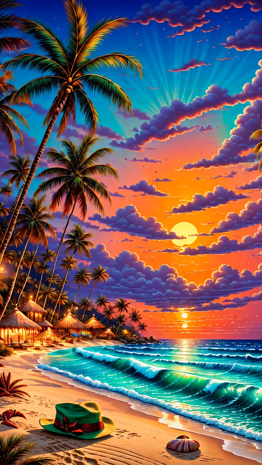 Tropical beach Christmas, palm tree as Christmas tree decorated with seashells and starfish, vibrant lights, sand snowman with sunglasses and Santa hat, turquoise waves under a glowing sunset, soft shadows, ultra-realistic textures, cheerful and vibrant atmosphere