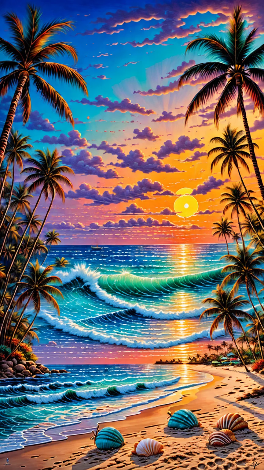 Tropical beach Christmas, palm tree as Christmas tree decorated with seashells and starfish, vibrant lights, sand snowman with sunglasses and Santa hat, turquoise waves under a glowing sunset, soft shadows, ultra-realistic textures, cheerful and vibrant atmosphere