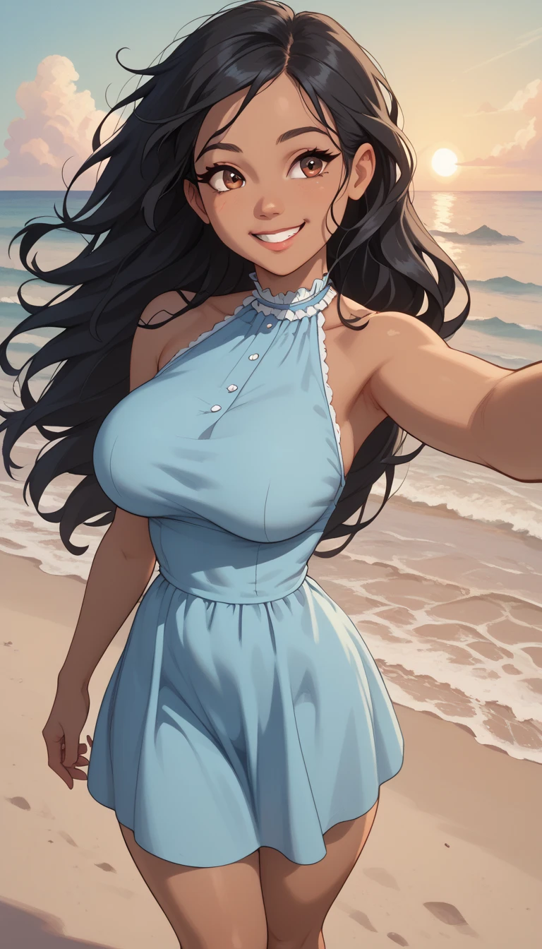 
Teen girl, fly away, black hair ,  long hair,   brown eyes   (:1.1),  dark skin,cute light blue dress with ruffles ,  exposed legs  ,  Big breasts  ,  thick thighs  ,  At knee height ,   Be shiny and oily  ,
Selfie, ,   smiling,Playing on the beach,sunset light , wind, loose hair  