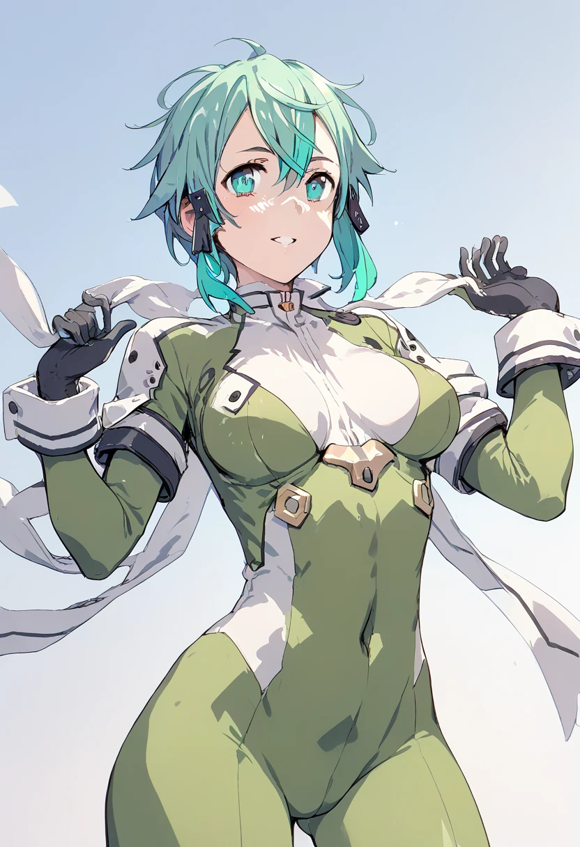 pt，1Girl，sinon， shiny bodysuit，GGO style， anime style，Light turquoise hair