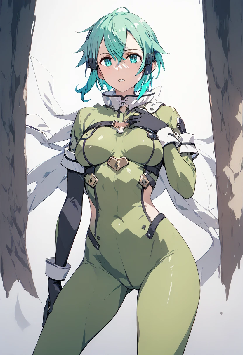 pt，1Girl，sinon， shiny bodysuit，GGO style， anime style，Light turquoise hair