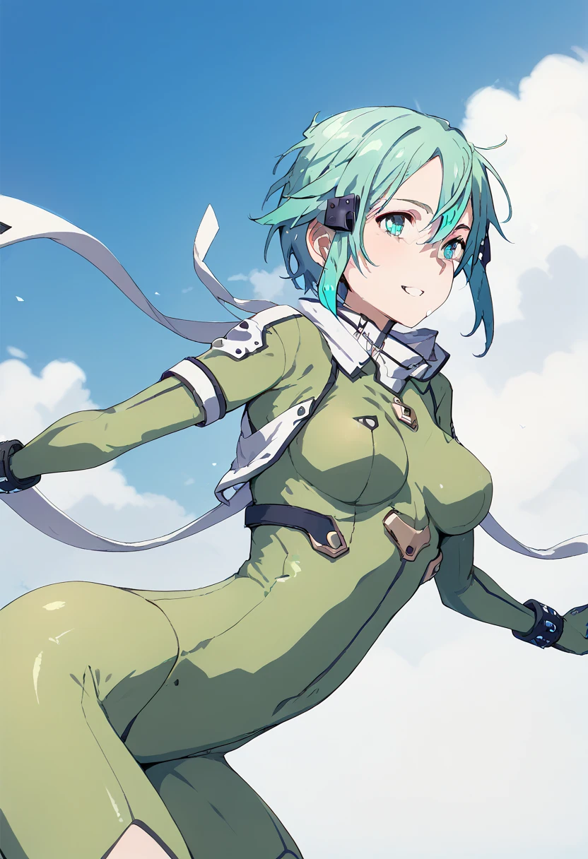 pt，1Girl，sinon， shiny bodysuit，GGO style， anime style，Light turquoise hair