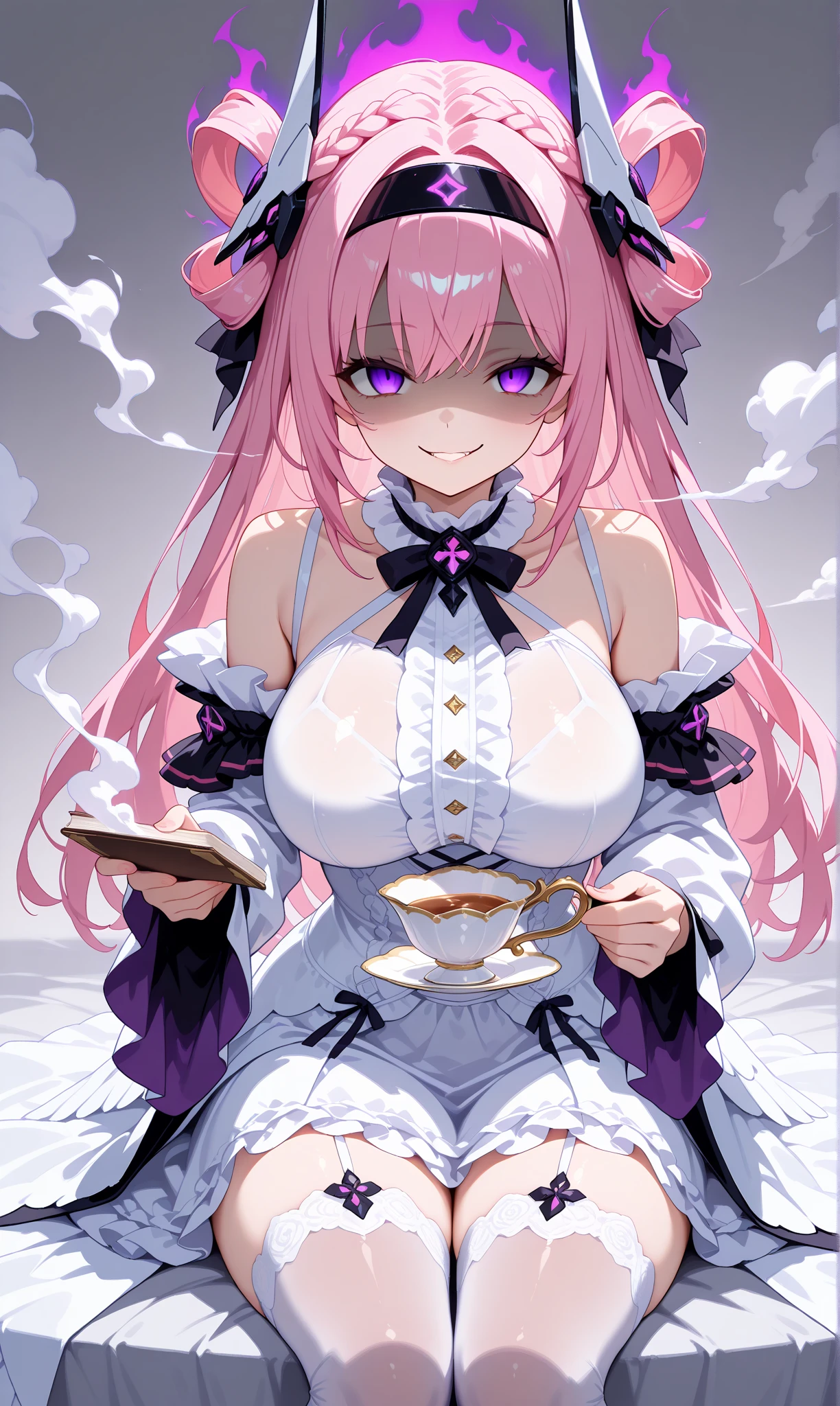  1 girl,Alone, dorothyalt, pink hair,  long hair, Hair knot, braid, purple eyes, headgear,  headband, hair accessories,   transparent ,  big boobs,  white dress,  Halsband mit Ruffles , Ruffles,  severed sleeves ,  thigh-depth stockings, sits, look at the observer, twisted smile ,holding object,Does teacup ,  shaded face , [[negative Aura]], muted color,Empty eyes,Smoke,esthetic,  masterpiece,  high quality, 4K UHD,Absurd