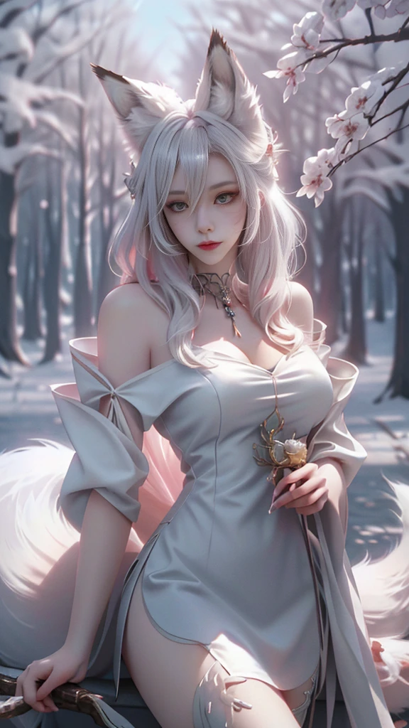 Fox ears white hair girl,full bodyesbian,Painting of a fox with white hair sitting on a branch,ethereal fox,nine tail fox,Fox three-tailed fox,Onmyoji detailed art,Nine tails,A beautiful artwork illustration,mythological creatures,red fox,(Combat posture),Beautiful digital artwork,Exquisite digital illustration,mizutsune , Inspired by the mythical creature wildnet,Digital art on Pixiv,strong lights,hight contrast,Horror movie theme,Dark atmosphere
