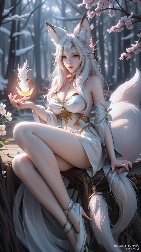 (Fox ears white hair girl，full bodyesbian)，(Painting of a fox with white hair sitting on a branch，ethereal fox，nine tail fox，Fox nine-tailed fox)，Onmyoji detailed art，(Nine tails)，A beautiful artwork illustration，mythological creatures，red fox，Combat posture，Beautiful digital artwork，Exquisite digital illustration，mizutsune , Inspired by the mythical creature wildnet，Digital art on Pixiv，strong lights，hight contrast，Horror movie theme，Dark atmosphere