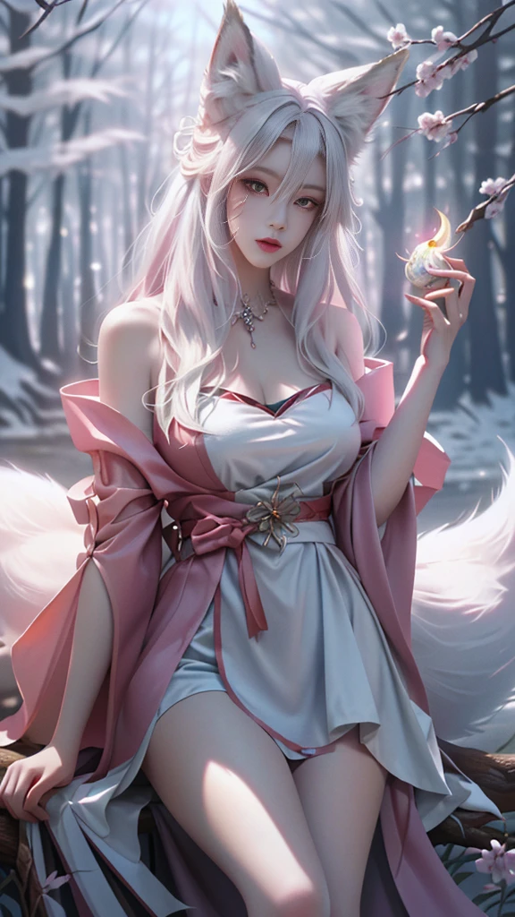 Female. White. Fox girl. White fox ears. intricate white and red robe with a small slit to show a little bit of leg.. Golden waist ratio. Cleavage showing. Full body showing. White fox tail. Sultry look. Stunning. White flute in hand. Ultra high quality.