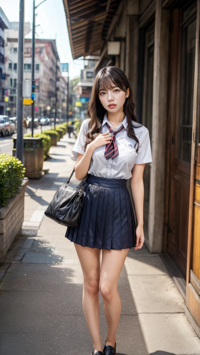 a beautiful 18 year old Japanese high school girl with perfect anatomy, healthy thighs, beautiful legs, beautiful skin, random hair color and style, large breasts, (wearing a Japanese schoolgirl uniform:1.3), (she is standing:1.2), penny loafers, holding a student bag, full body shot, standing on a city street, (best quality,4k,8k,highres,masterpiece:1.3),(extremely detailed:1.2),photorealistic,ultra-detailed,vivid colors, studio lighting, professional