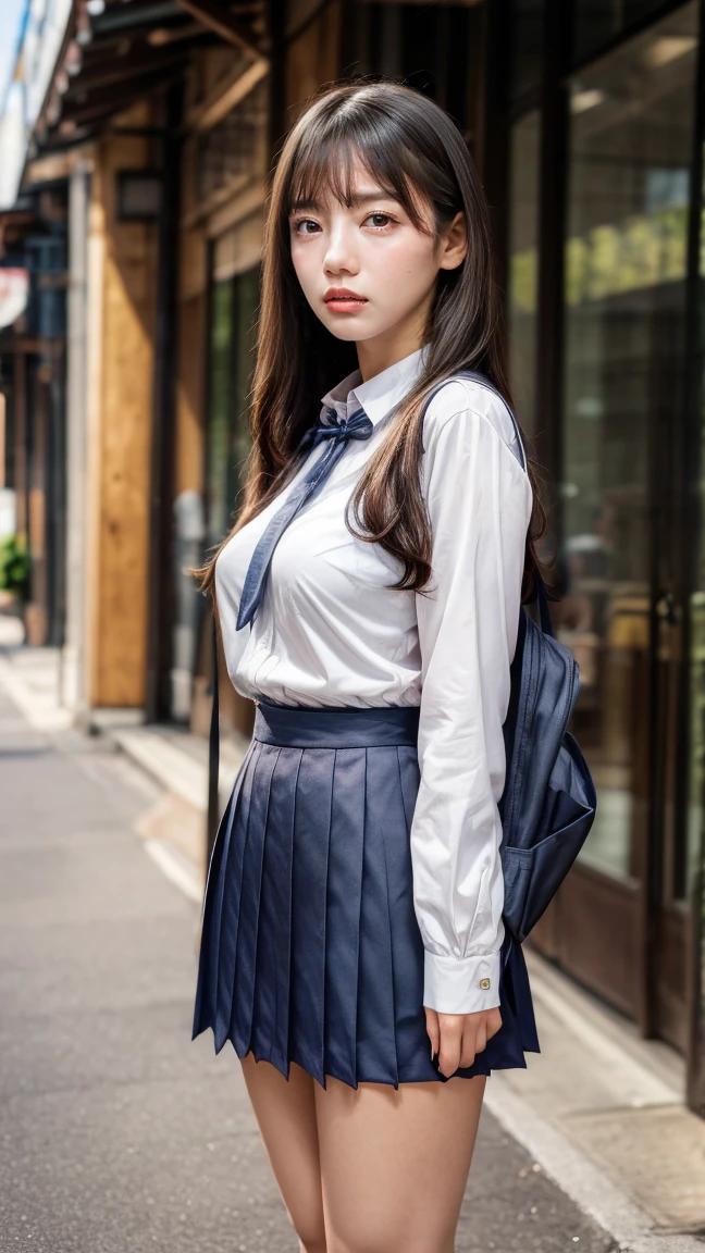 a beautiful 18 year old Japanese high school girl with perfect anatomy, healthy thighs, beautiful legs, beautiful skin, random hair color and style, large breasts, (wearing a Japanese schoolgirl uniform:1.3), (she is standing:1.2), penny loafers, holding a student bag, full body shot, standing on a city street, (best quality,4k,8k,highres,masterpiece:1.3),(extremely detailed:1.2),photorealistic,ultra-detailed,vivid colors, studio lighting, professional