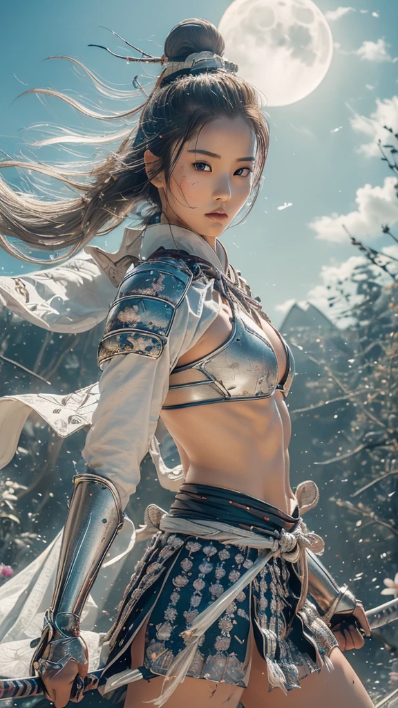 {best quality}, {very aesthetic}, {ultra-detailed}, nsfw、((acrobatic pose)) 、((intense angle))、 sexy female character wearing white milky armor as a warrior from the Sengoku period、((realistic))、((drill hair))、((Silver gray hair ))、((toned body))、(glistening skin)、 tight body、((flat chest))、((side boob))、 flat chested、 plump thighs 、 white cream armor with a flower pattern engraved with a Tsukishita beauty flower pattern 、((side boob))、(  wearing a cloak with a flower pattern by Tsukishita beauty )、(shrine maiden clothes)、(rah-rah skirt)、White milky shin guard with beautiful flowers engraved on it 、White-milky high-leg underwear 、 pink tights that make you have huge breasts、 absolute domain、(holding katana)、Dramatic lighting、((Moonlight at night))、(( Tsukishita beauty's flowers are dancing ))、(( flowers blooming in full bloom in the background ))、(( large Tsukishita beauty flowers blooming in full bloom on the front ))、 cinema-like scene 、 Max Image、 Ultra High Definition、8k、masterpiece、crisp quality、