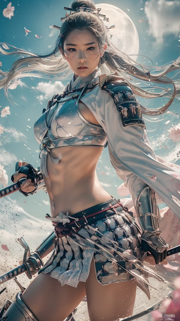 {best quality}, {very aesthetic}, {ultra-detailed}, nsfw、((acrobatic pose)) 、((intense angle))、 sexy female character wearing white milky armor as a warrior from the Sengoku period、((realistic))、((drill hair))、((Silver gray hair ))、((toned body))、(glistening skin)、 tight body、((flat chest))、((side boob))、 flat chested、 plump thighs 、 white cream armor with a flower pattern engraved with a Tsukishita beauty flower pattern 、((side boob))、(  wearing a cloak with a flower pattern by Tsukishita beauty )、(shrine maiden clothes)、(rah-rah skirt)、White milky shin guard with beautiful flowers engraved on it 、White-milky high-leg underwear 、 pink tights that make you have huge breasts、 absolute domain、(holding katana)、Dramatic lighting、((Moonlight at night))、(( Tsukishita beauty's flowers are dancing ))、(( flowers blooming in full bloom in the background ))、(( large Tsukishita beauty flowers blooming in full bloom on the front ))、 cinema-like scene 、 Max Image、 Ultra High Definition、8k、masterpiece、crisp quality、