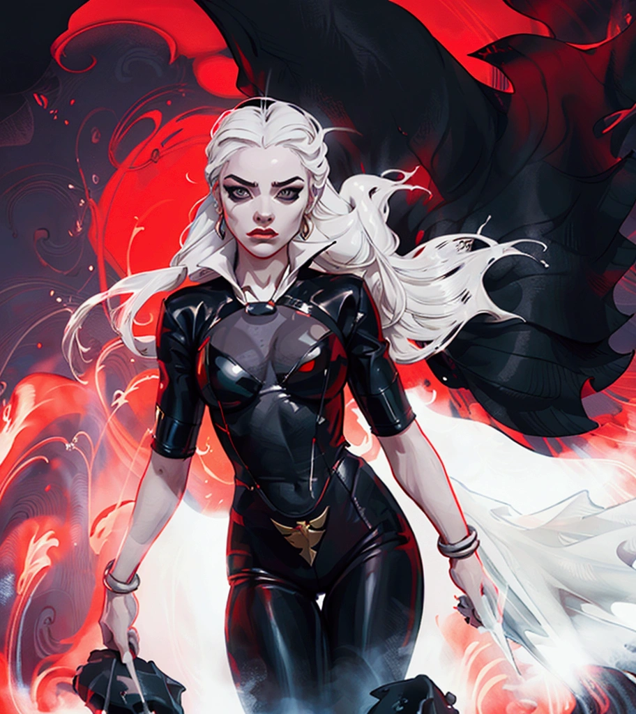  The character has a very striking and stylized look . Her hair is long and white,  with a fluid touch that gives them an ethereal air .  She has an outfit that combines a cropped black ,  that enhances her silhouette ,  and red pants that bring a strong and vibrant contrast . 

 A notable feature is the eye that appears on your face ,  that stands out with a graphic style ,  in addition to having an enigmatic expression .  It also features a halo-shaped accessory , What is red and runny ,  suggesting an idea of duality between the sacred and the profane . 

 The color palette is predominantly black , white and red,  creating an impactful visual effect .  The art style is minimalist , but expressive,  reflecting an intriguing and possibly dark personality.