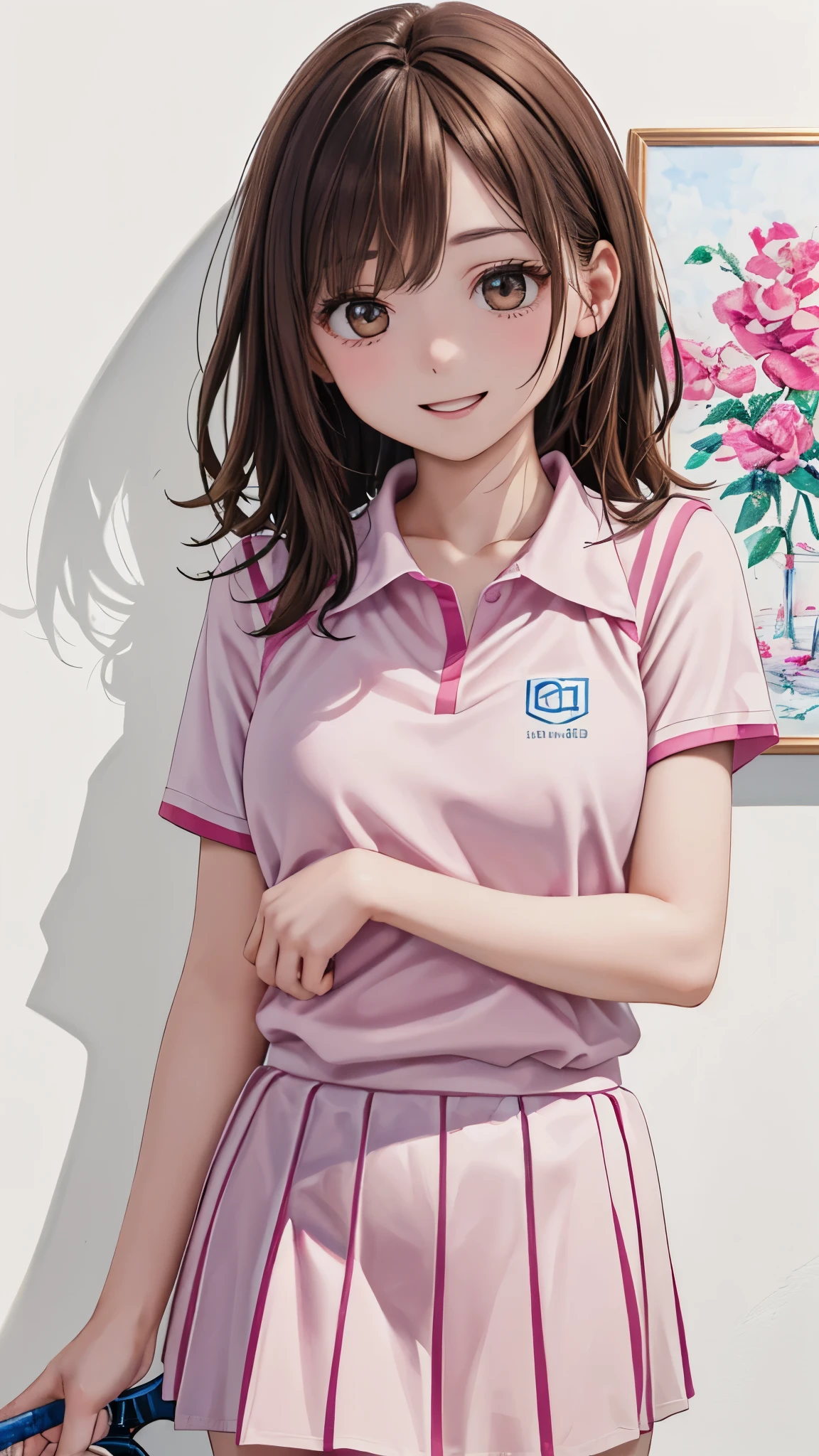 ((( top quality 、8k、 masterpiece)))、( realistic )、(Photo realistic :1.2)、( No light, No Shadow )、 super detailedとても可愛い顔と目 、 Adult female 、 round small face、 Thin Waist 、 Big Breasts 、(close、 top quality 、 high detail、 rich skin details )、( top quality 、8k、Oil paints:1.2)、 super detailed、( realistic 、 realistic :1.37)、(( Brown Hair)))、((( Cowboy Shots)))、((( Medium Hair )))、(((Frame In)))、((( White wall background )))、((( light brown hair )))、((( pink uniform)))、(((I'm wearing a tennis uniform)))、(((Solo Shot)))、(((Happy expression)))、(((bashful expression )))、(((I'm touching my cheek )))、 Off-the-Shoulder Clothes
