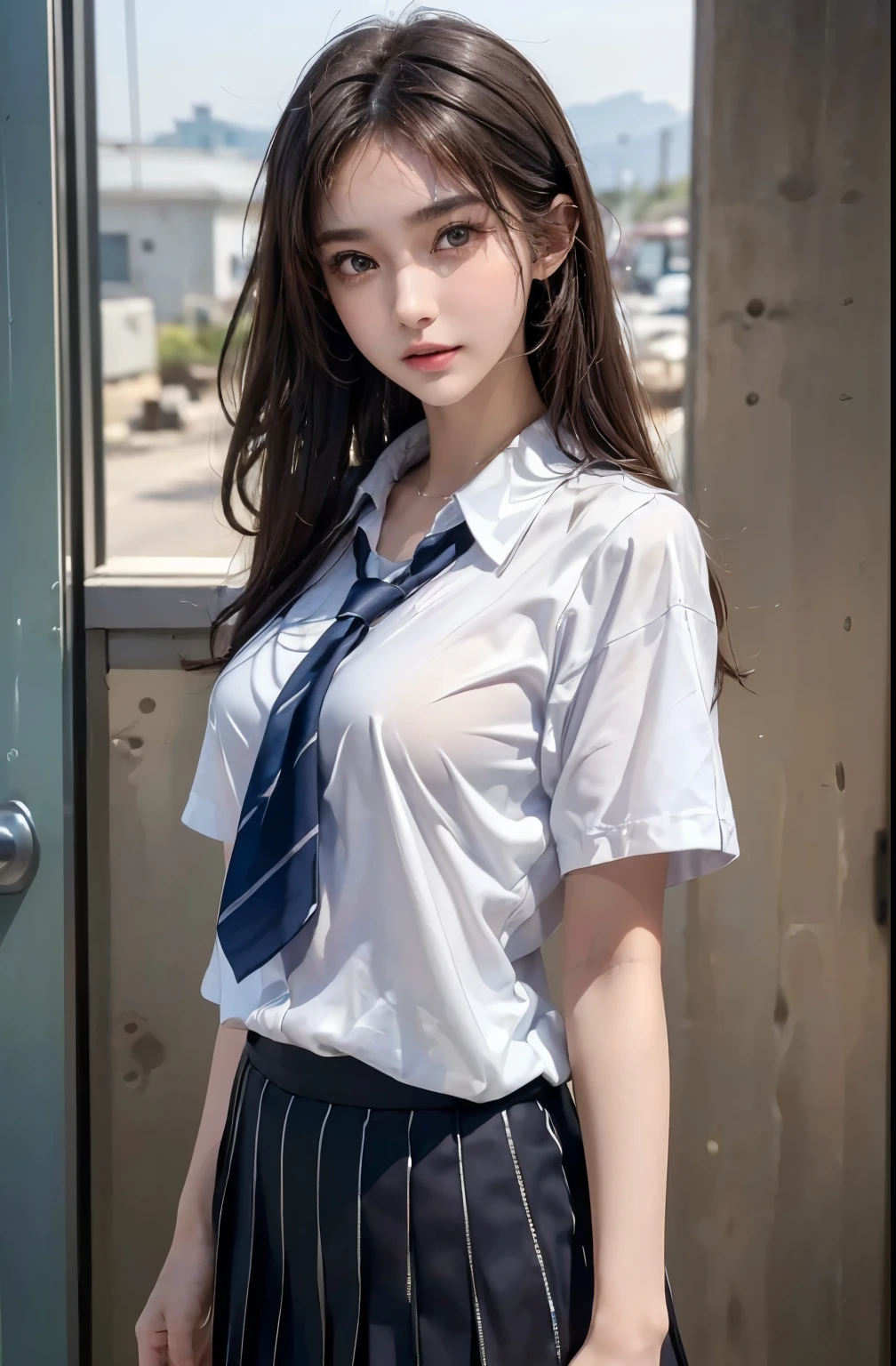 (masterpiece, best quality:1.2), 8k, 15yo, 85mm, official art, raw photo, absurdres, white dress shirt, pretty face, close up, upper body, violaceaess, gardeniass, beautiful girl, , (navy pleated skirt:1.1), cinch waist, thighs, short sleeve, in train, sitting on bench seat, looking at viewer, no makeup, (smile:0.4), film grain, chromatic aberration, sharp focus, Pulling up her own clothes to expose her navel and stomach,Beautiful girl with beautiful nipples,facelight, clear lighting, teen, detailed face, bokeh background, (dark red necktie:1.1)