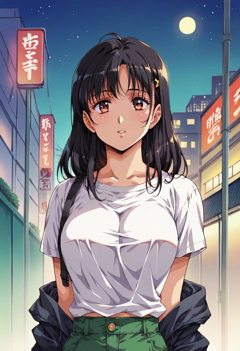 A black-haired woman looking out over the city of Tokyo,Night starry sky,Streetscape、listen to music、Japanese　Black Hair　Cleavage Skyscraper City　Wear a white Y-shirt