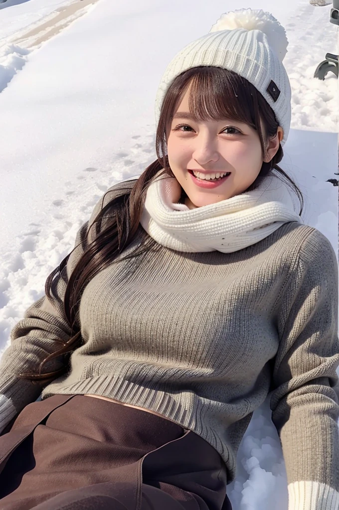 (masterpiece, best quality, perfect anatomy, highres, 8k, realistic, photorealistic, natural skin texture, no makeup:1.2), 1girl, solo, Japanese, female university student, age20, very cute, winter, (very cold day),
 (There is snow on the ground, she is lying on her back on the snow and laughing:1.5), (large breasts:1.2), (perfect figure), thigh, earth-colored winter clothes, mini skirt, knit  hat, scarf, black pantyhose, glove, from above, snap shot, fullbody shot, sun lighting, jp idol, erogao, tanukigao