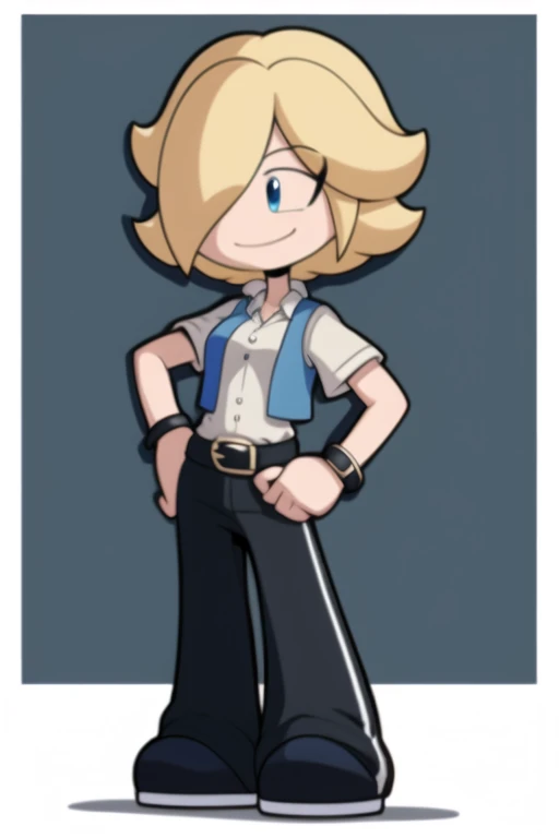 Rosalyn Williams, white collared shirt, dark blue vest, black braclets, black belt, gray pants, black shoes, white short sleeves, blue eyes, eye lashes, short blonde hair, smile, hands on hips, full body