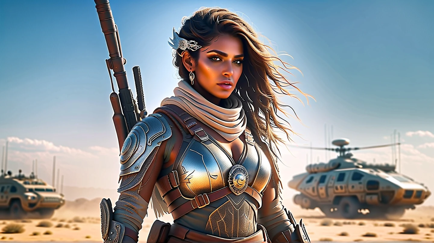 body turned around view, highly detailed and photorealistic depiction of a Persian female post-apocalyptic warrior with oversized large breasts. She exudes confidence and resilience, wearing a scratched silver combat suit with intricate biomechanical details and a weathered leather jacket layered over her armor. Wearing a hat with crow feathers , apocalyptic soldier gear, with subtle tactical designs. The outfit includes gradient lighting effects reflecting off metallic surfaces, emphasizing the advanced technology of her attire. Her ensemble combines elegance and functionality, adorned with carefully detailed straps, holsters, and protective gear. She carries a futuristic weapon, a hybrid rifle with glowing accents. Her boots are reinforced with rugged detailing, suitable for traversing harsh terrains. The background shows a post-apocalyptic urban wasteland bathed in dramatic lighting, with dust and ruins framing the scene. Barbed wire wrapped around the character, The character is ready for action, her determined gaze capturing the spirit of survival. Perfect for a dynamic shooter game character.
