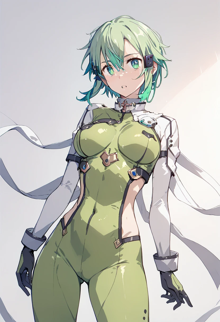 pt，1Girl，sinon， shiny bodysuit，GGO outfit ， anime style， light blue-green hair