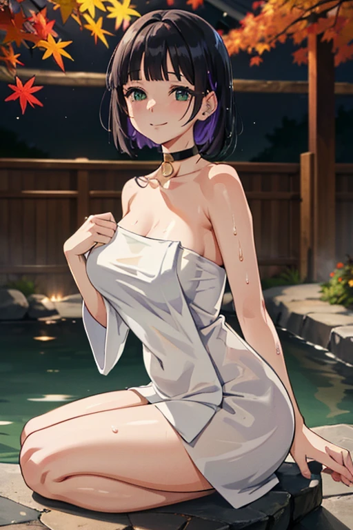 solo,high detail face,pa-san,blunt bangs,choker,tall,wet naked towel,large  chest,cleavege, onsen ,light smile,full body,bokeh,japanese autumn,onsen