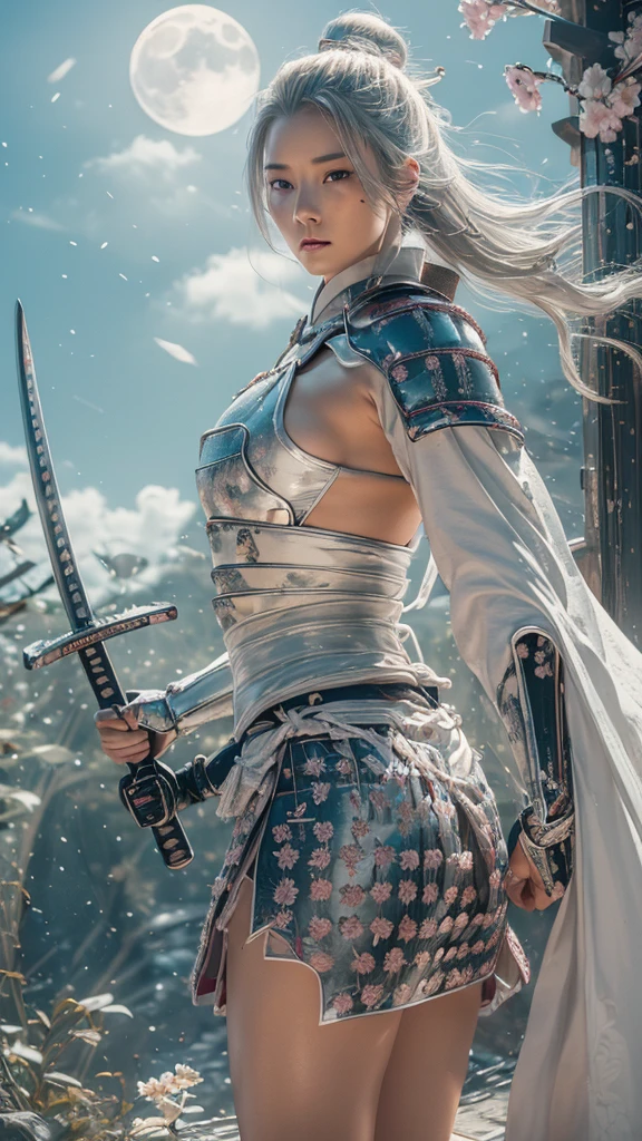 {best quality}, {very aesthetic}, {ultra-detailed}, nsfw、((stick out butt)) 、((intense angle))、 sexy female character wearing white milky armor as a warrior from the Sengoku period、((realistic))、((drill hair))、((Silver gray hair ))、((toned body))、(glistening skin)、 tight body、((flat chest))、((side boob))、 flat chested、 plump thighs 、 white cream armor with a flower pattern engraved with a Tsukishita beauty flower pattern 、((side boob))、(  wearing a cloak with a flower pattern by Tsukishita beauty )、(shrine maiden clothes)、(rah-rah skirt)、White milky shin guard with beautiful flowers engraved on it 、White-milky high-leg underwear 、 pink tights that make you have huge breasts、 absolute domain、(holding katana)、Dramatic lighting、((Moonlight at night))、(( Tsukishita beauty's flowers are dancing ))、(( flowers blooming in full bloom in the background ))、(( large Tsukishita beauty flowers blooming in full bloom on the front ))、 cinema-like scene 、 Max Image、 Ultra High Definition、8k、masterpiece、crisp quality、