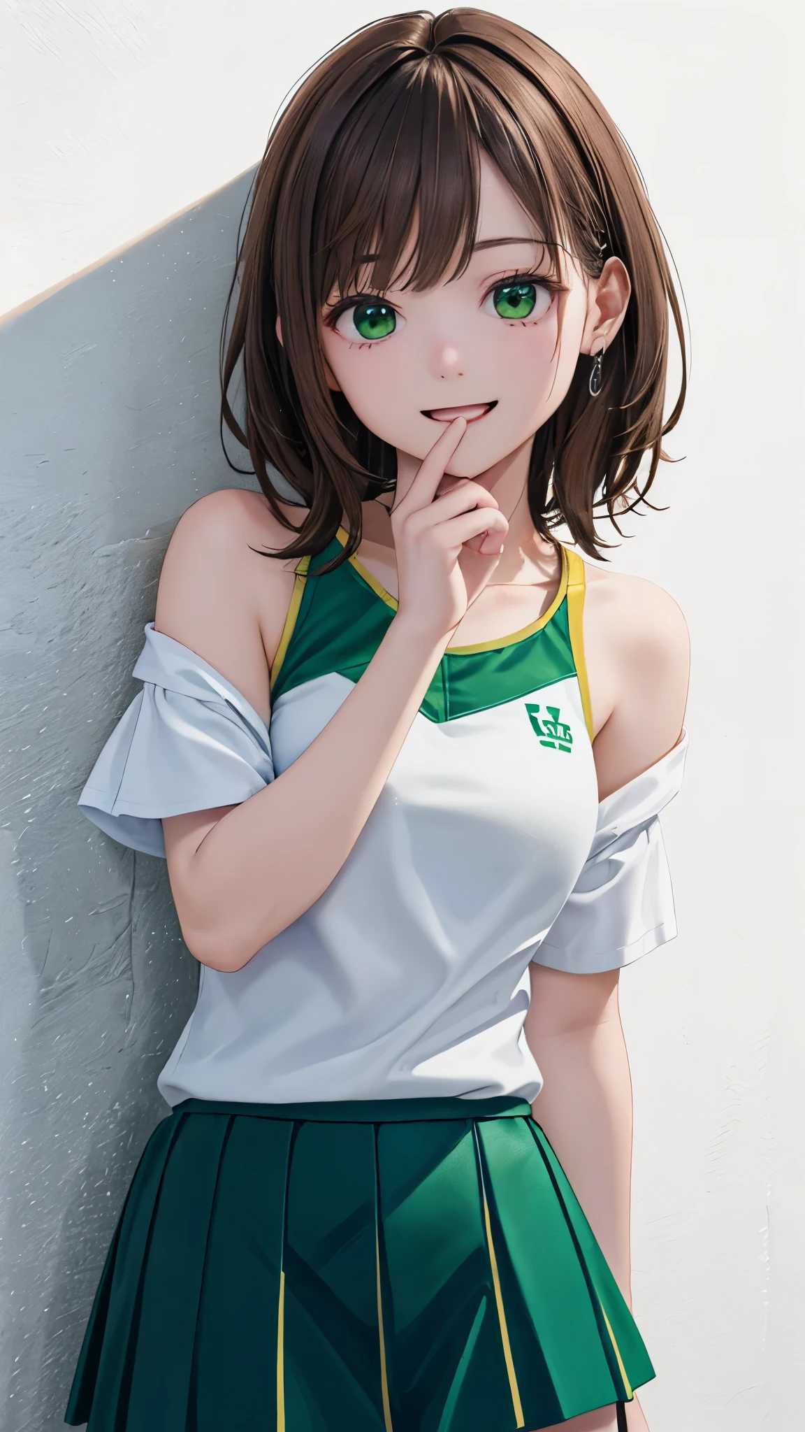 ((( top quality 、8k、 masterpiece)))、( realistic )、(Photo realistic :1.2)、( No light, No Shadow )、 super detailedとても可愛い顔と目 、 Adult female 、 round small face、 Thin Waist 、 Big Breasts 、(close、 top quality 、 high detail、 rich skin details )、( top quality 、8k、Oil paints:1.2)、 super detailed、( realistic 、 realistic :1.37)、(( Brown Hair)))、((( Cowboy Shots)))、((( Medium Hair )))、(((Frame In)))、((( White wall background )))、((( light brown hair )))、(((Green uniform)))、(((I'm wearing a tennis uniform)))、(((Solo Shot)))、(((Happy expression)))、(((bashful expression )))、(((I'm touching my own face)))、((( Off-the-Shoulder Clothes )))