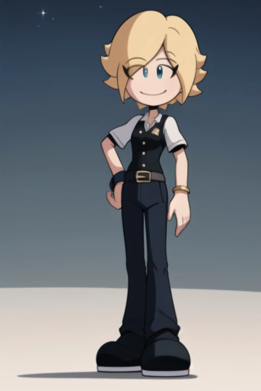 Rosalyn Williams, white collared shirt, dark blue buttoned vest, black braclets, black belt, gray pants, black shoes, white short sleeves, blue eyes, eye lashes, short blonde hair, smile, hands on hips, full body