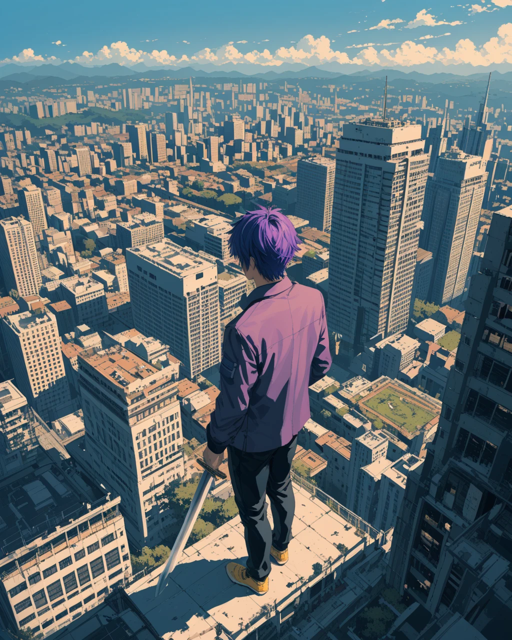 Alone, A cherub\((trunsaya  :1.0),future,trunks, 20 year old , purple jacket,   black muscle shirt underneath  ,  black pants ,  Blue Eyes, black paboveil, purple hair,  yellow shoes with black tips,Rear view, full body, holding sword \)  standing on top of the skyscraper .  experience \((collapsed city:1.4),(collapsed buildings :1.3),\),(landscape:1.3),score_9, score_8_above, score_7_above, score_6_above, score_5_above, score_4_above, source_anime,source_furry,Assessment_ sure,Assessment_ questionablemasterpiece ,  best quality ,  perfect anatomy  ,  very aesthetic , absurdres,landscape, (limited palette:1,2),realistic