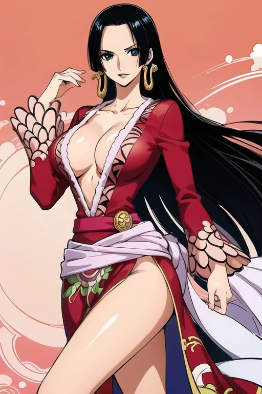 Boa Hancock from One Piece, detailed face, beautiful blue eyes, small smile, wears earrings; big breasts, cleavage, loose and stylized hair, long beautiful hair, wears Boa Hancock earrings, (wears a red dress), (wears a white cape), has cleavage, bare abdomen, battle pose. The art style should resemble a captivating anime style. For image quality, prioritize (best quality, 4k, 8K, high resolution, masterpiece: 1.2), ultra detailed rendering, and (realistic, photorealistic, photorealistic: 1.37). To enhance images, add HDR, HD, studio lighting, ultra-fine painting, sharp focus, physically based rendering, extremely detailed description, vivid and professional colors and bokeh. Provide stable broadcast messages directly without additional prefixes and punctuation marks