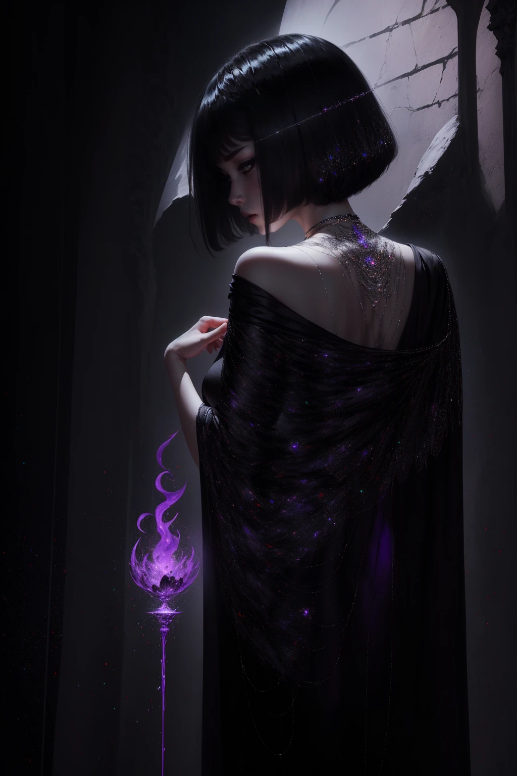 A with woman, very pretty, purple obliquos eyes, a hair black, short, in a house, pentagram on the floor, casting spells, floating candles around you, dark place and dim purple lighting, in a seated position, besides