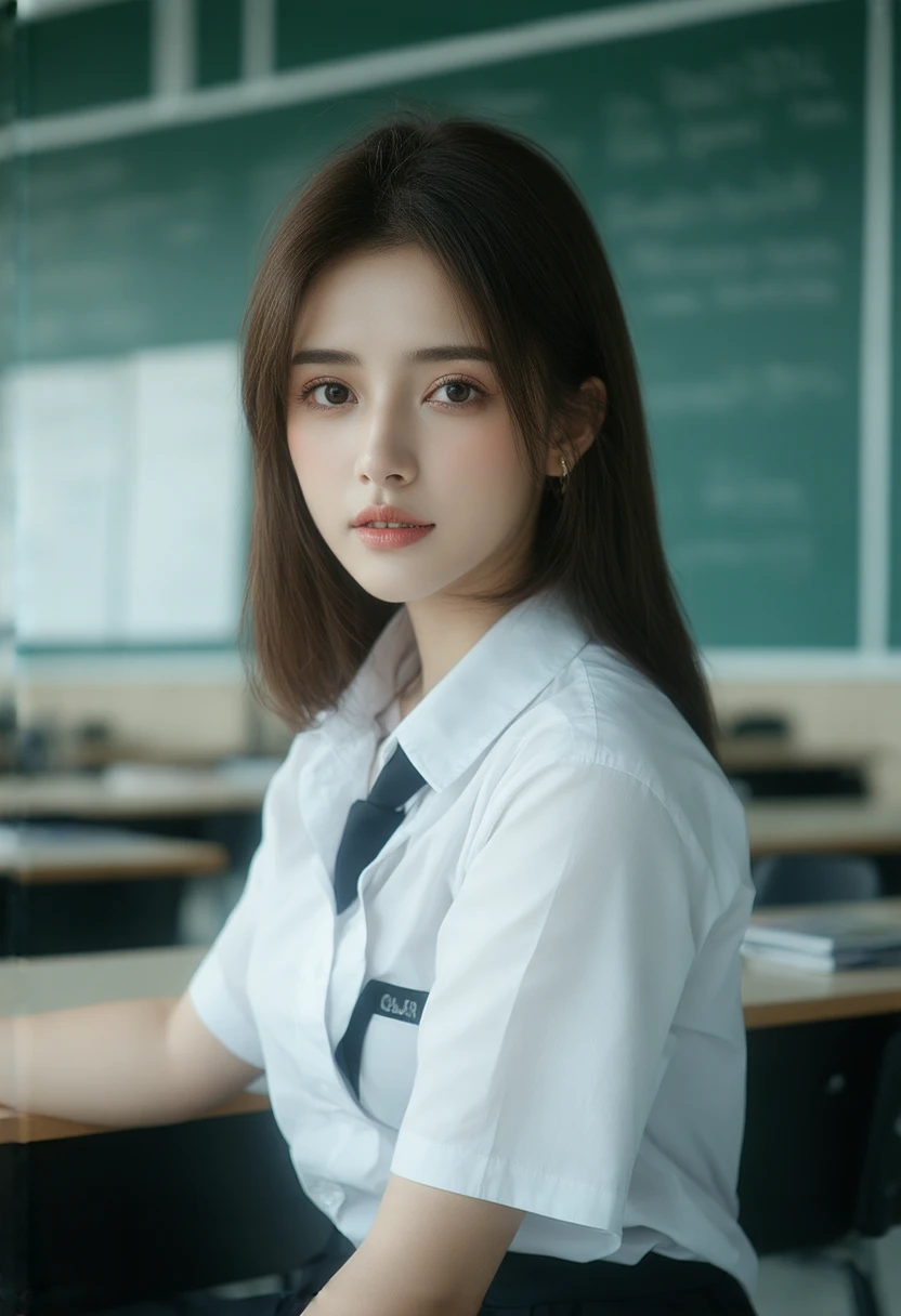 (best quality:1.4),(masterpiece:1.4),(photorealistic:1.4),(Realistic:1.2),(ultra high res, raw photo:1.4),(hdr, hyperdetailed:1.2),(8K:1.2),cinematic photo,photo of black hair,1girl,solo,wearing student uniform,((Japanese classroom))、((Upper Body:1.3))