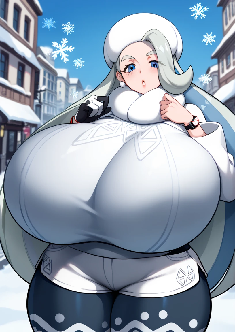 1 girl, ((gigantic breast)), breast expansion, wide hips, Thick thighs, Curved, cowboy shot, pokemonmelony, blue eyes, eyelashes, long hair, multicolored hair, streaked hair, grey hair, earrings, gloves, hat, jewelry, long sleeves, pantyhose, pantyhose under shorts, scarf, shorts, single glove, snowflakes, sweater, white headwear, white scarf, white sweater, Snowy streets, city