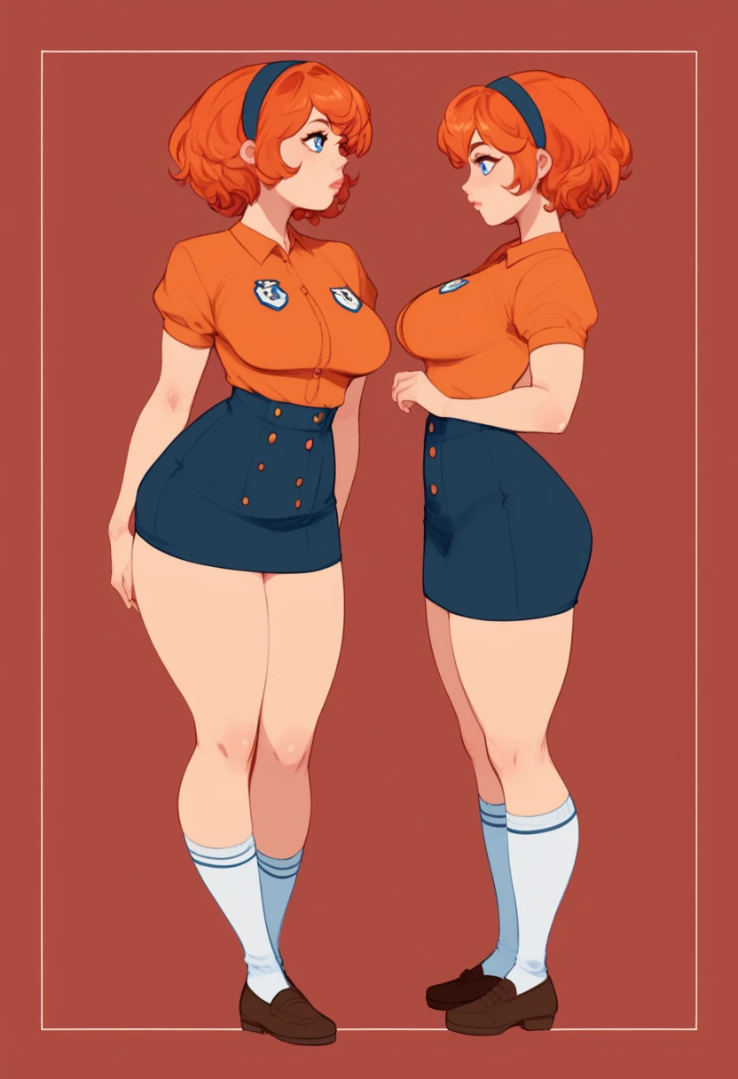 score_9, score_8_up, score_7_up, source_anime BREAK 1girl, VelmaXL, 1girl, solo, short hair, brown hair, shirt, glasses, socks, sweater, knee highs, turtleneck, freckles, orange t-shirt, short sleeves, full view, brown eyes, large breasts, huge breasts, skirtless, white panties, looking down