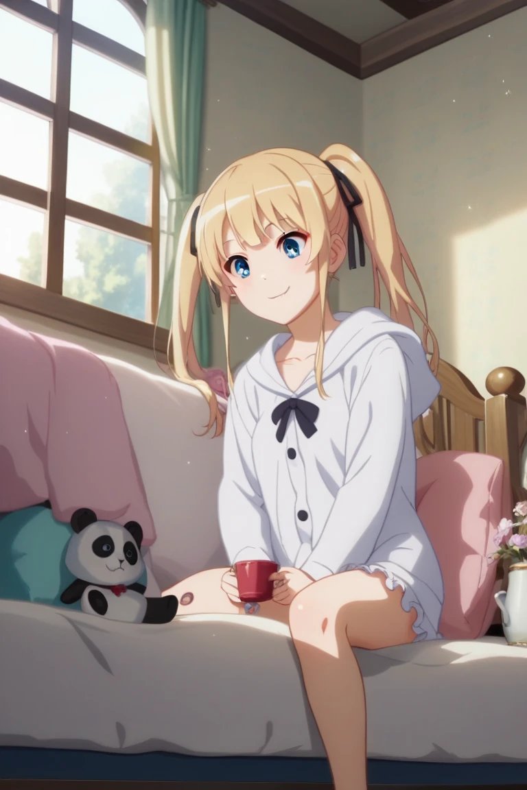 1girl,Eriri blonde hair,blue eyes,sawamura spencer eriri,long hair, twintails,black ribbon, small breast, fang,     High Resolution, Masterpiece, High Quality,  anime screencap,  dynamic angle, takeda hiromitsu style,      smile,closed mouth,tareme,sitting,panda ears,relaxing,hood,white pajamas,frills,hooded pajamas,loose clothing,fur trim,morning,indoor,cozy bedroom,next to the windows,stuffed animal,rabbit,flower,ceiling window,detailed background,realistic,soft light,light particles,serenity,cup,