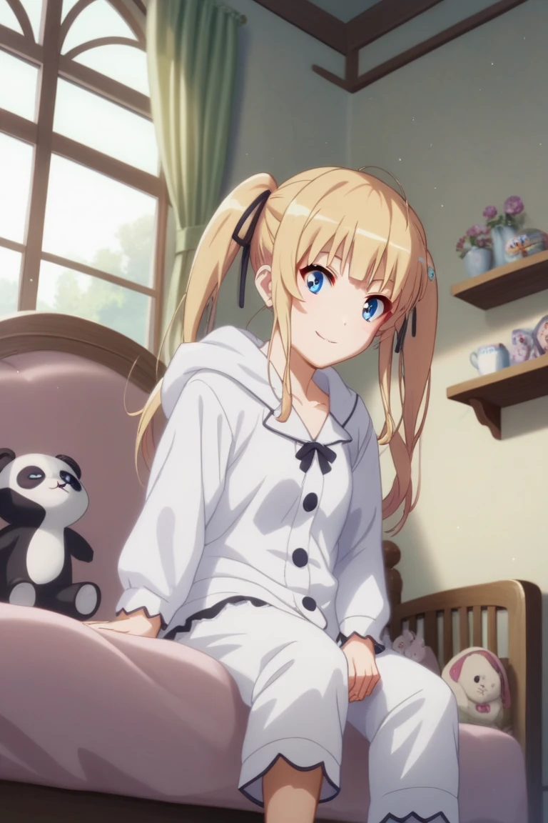 1girl,Eriri blonde hair,blue eyes,sawamura spencer eriri,long hair, twintails,black ribbon, small breast, fang,     High Resolution, Masterpiece, High Quality,  anime screencap,  dynamic angle, takeda hiromitsu style,      smile,closed mouth,tareme,sitting,panda ears,relaxing,hood,white pajamas,frills,hooded pajamas,loose clothing,fur trim,morning,indoor,cozy bedroom,next to the windows,stuffed animal,rabbit,flower,ceiling window,detailed background,realistic,soft light,light particles,serenity,cup,