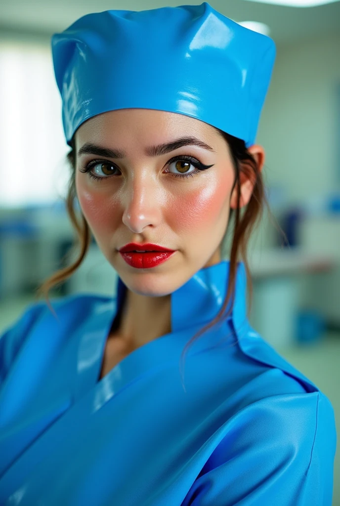 portrait of a doctor wearing a blue kinky fetish latex outfit, latex nurse's hat, she is wearing pigmented and shiny red lip gloss, in the hospital, eye contact