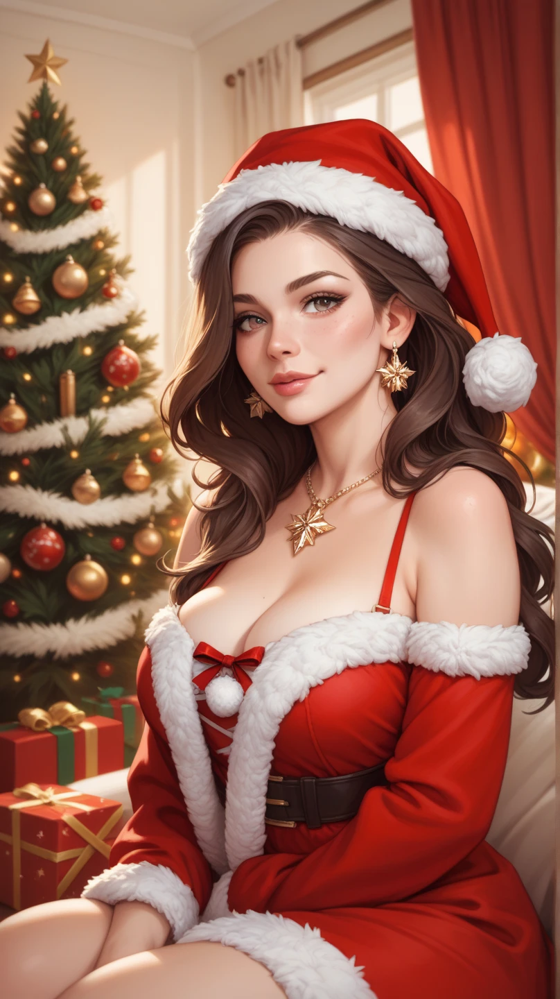 Image is a portrait-style photograph featuring a young woman with long, dark brown hair, wearing a red and white Santa hat and a matching red dress with white trim. She has fair skin and is sitting beside a decorated Christmas tree adorned with gold and red baubles. The background includes a red curtain, adding to the festive atmosphere. The lighting is warm, highlighting her facial features and creating a cozy holiday ambiance. Her expression is gentle, and she is looking directly at the camera, conveying a sense of warmth and cheerfulness.