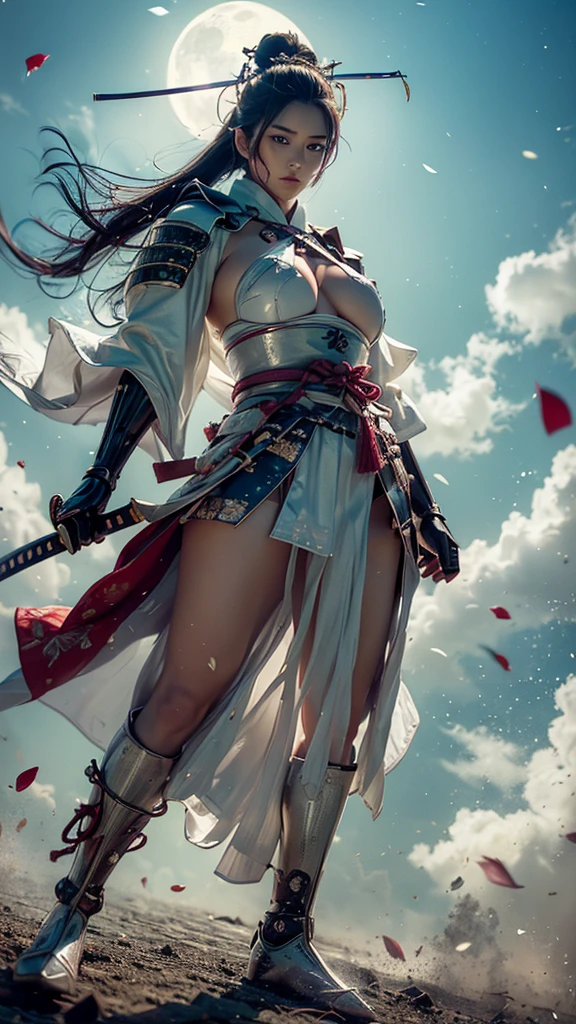 {best quality}, {very aesthetic}, {ultra-detailed}, nsfw、((from below, lower body, looking up)) 、((intense angle))、 sexy female character wearing white milky armor as a warrior from the Sengoku period、((realistic))、((drill hair))、((Silver gray hair ))、((toned body))、(glistening skin)、 tight body、((flat chest))、((side boob))、 flat chested、 plump thighs 、 white cream armor with a flower pattern engraved with a Tsukishita beauty flower pattern 、((side boob))、(  wearing a cloak with a flower pattern by Tsukishita beauty )、(shrine maiden clothes)、(rah-rah skirt)、White milky shin guard with beautiful flowers engraved on it 、White-milky high-leg underwear 、 pink tights that make you have huge breasts、 absolute domain、(holding katana)、Dramatic lighting、((Moonlight at night))、(( Tsukishita beauty's flowers are dancing ))、(( flowers blooming in full bloom in the background ))、(( large Tsukishita beauty flowers blooming in full bloom on the front ))、 cinema-like scene 、 Max Image、 Ultra High Definition、8k、masterpiece、crisp quality、