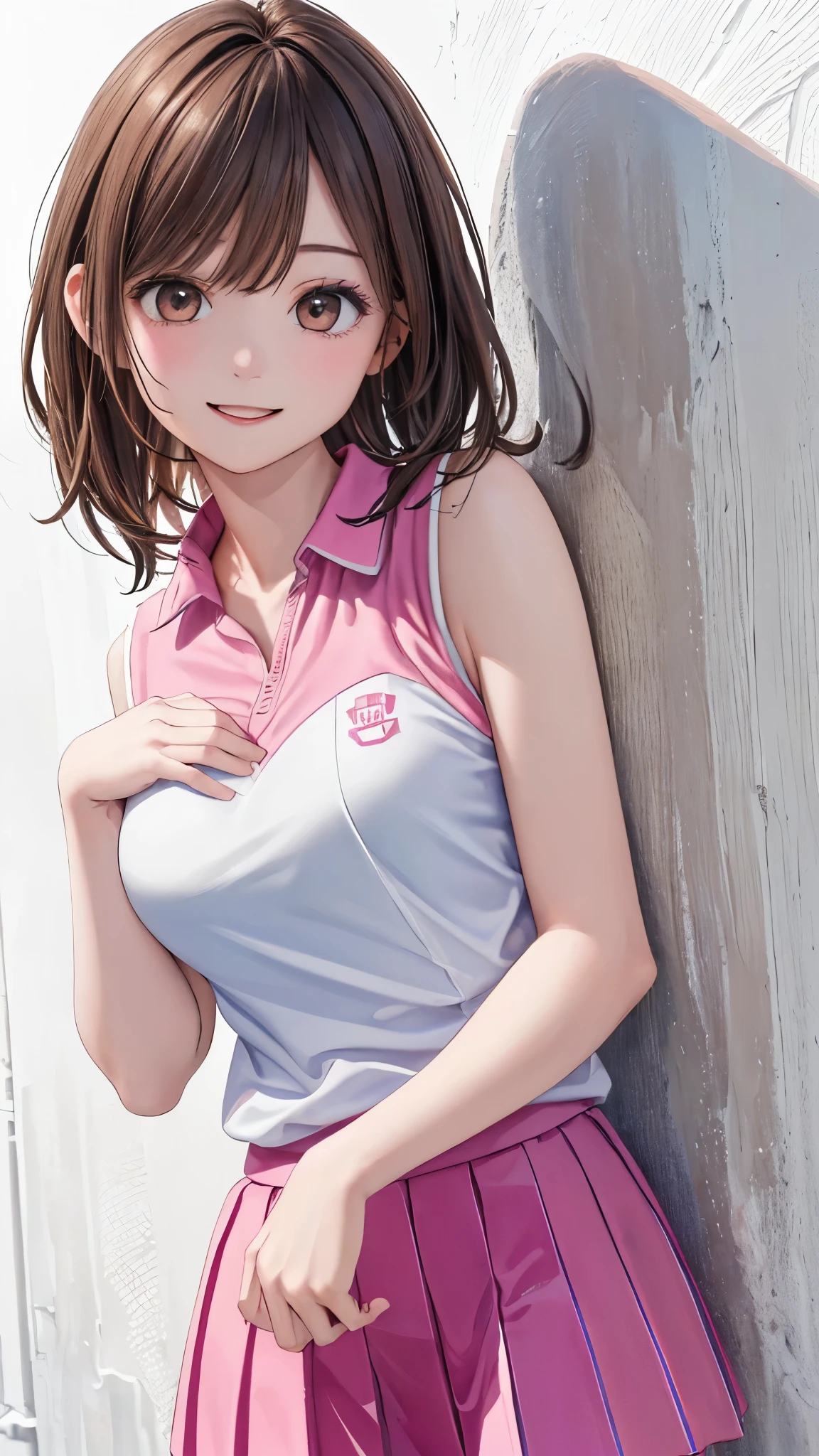 ((( top quality   、8k、 masterpiece)))、(     realistic      )、(Photo        realistic          :1.2)、( No light, No Shadow )、         super detailedとても可愛い顔と目    、  Adult female 、   round small face、     Thin Waist     、  Big Breasts 、(close、 top quality   、             high detail、     rich skin details         )、(  top quality   、8k、Oil paints:1.2)、     super detailed、(      realistic         、         realistic         :1.37)、(( Brown Hair)))、(((        Cowboy Shots)))、(((  Medium Hair   )))、(((Frame In)))、(((    White wall background    )))、((( light brown hair )))、(((black and pink uniform)))、(((I'm wearing a tennis uniform)))、(((Solo Shot)))、(((Happy expression)))、(((bashful expression )))、(((I'm touching my own face)))、((( sleeveless clothes)))、(((Sexy expression)))、(((I have a hand next to my face )))