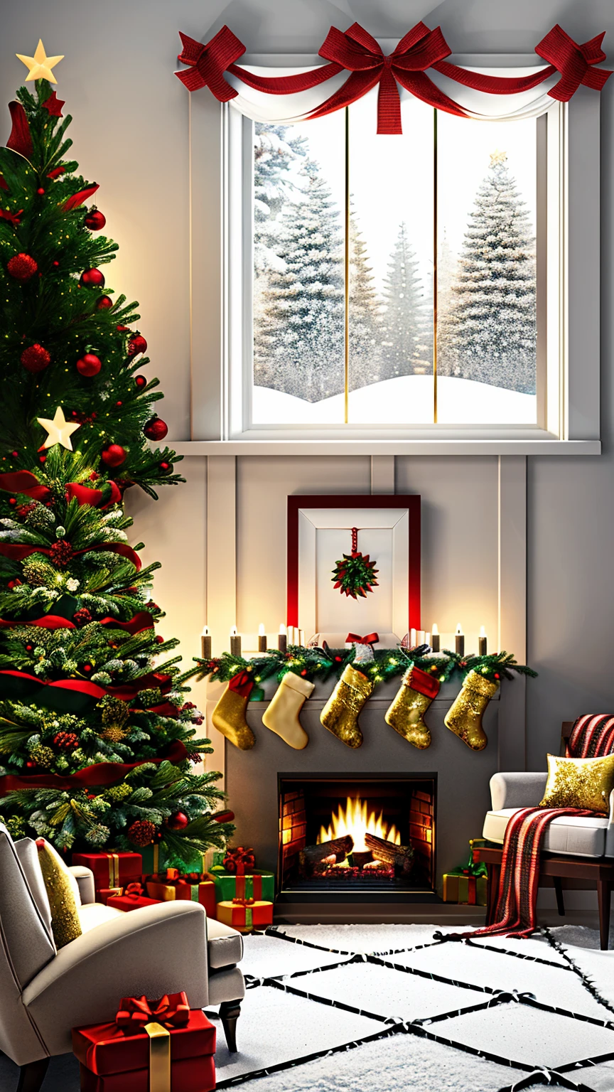 Vintage Christmas living room, warm and cozy fireplace, red and green Christmas tree with glass ornaments, nostalgic frosty window showing snowfall, old-fashioned gift boxes tied with ribbons, soft lighting, armchair with knitted blanket, detailed textures, golden glow