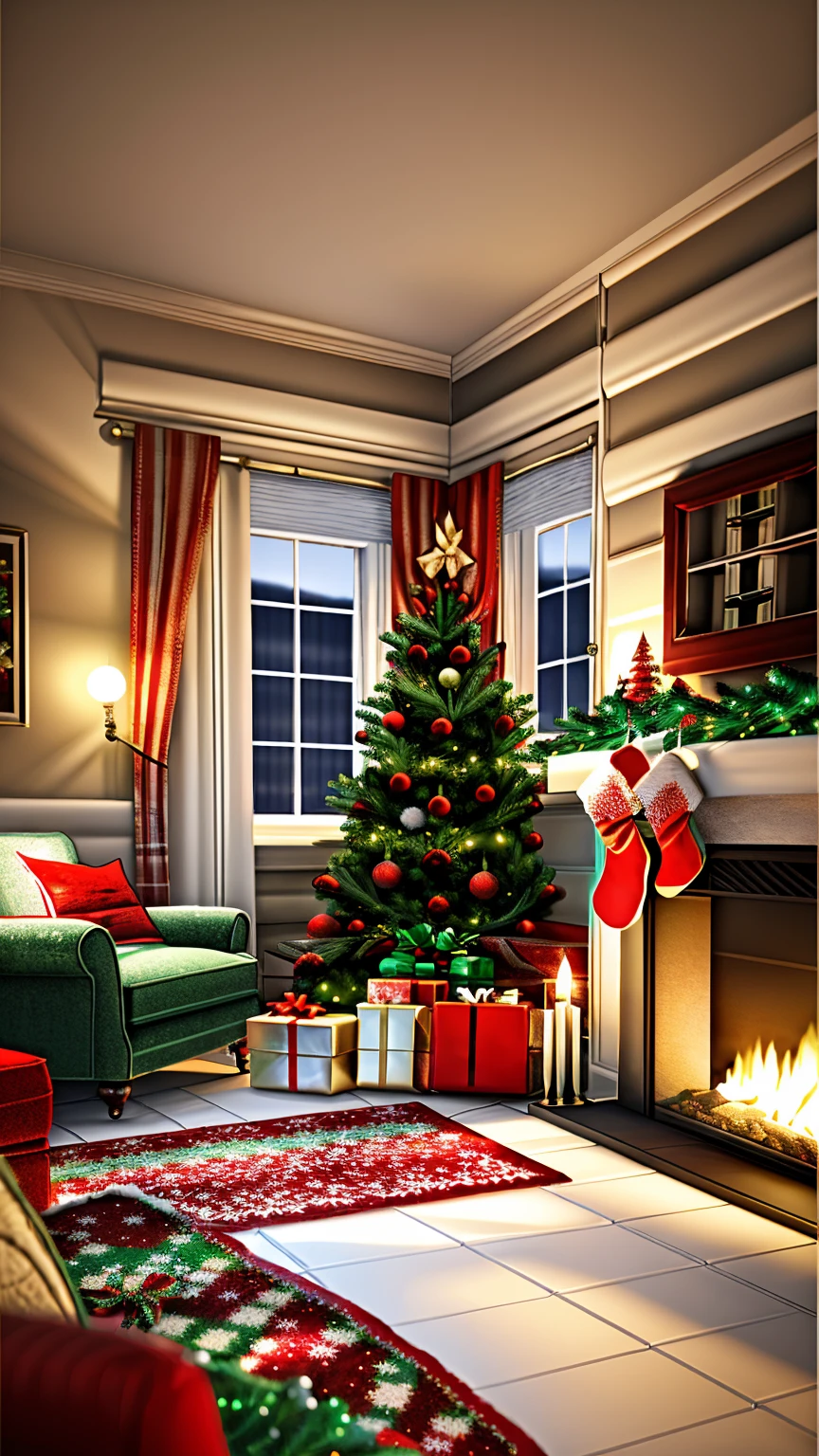 Vintage Christmas living room, warm and cozy fireplace, red and green Christmas tree with glass ornaments, nostalgic frosty window showing snowfall, old-fashioned gift boxes tied with ribbons, soft lighting, armchair with knitted blanket, detailed textures, golden glow