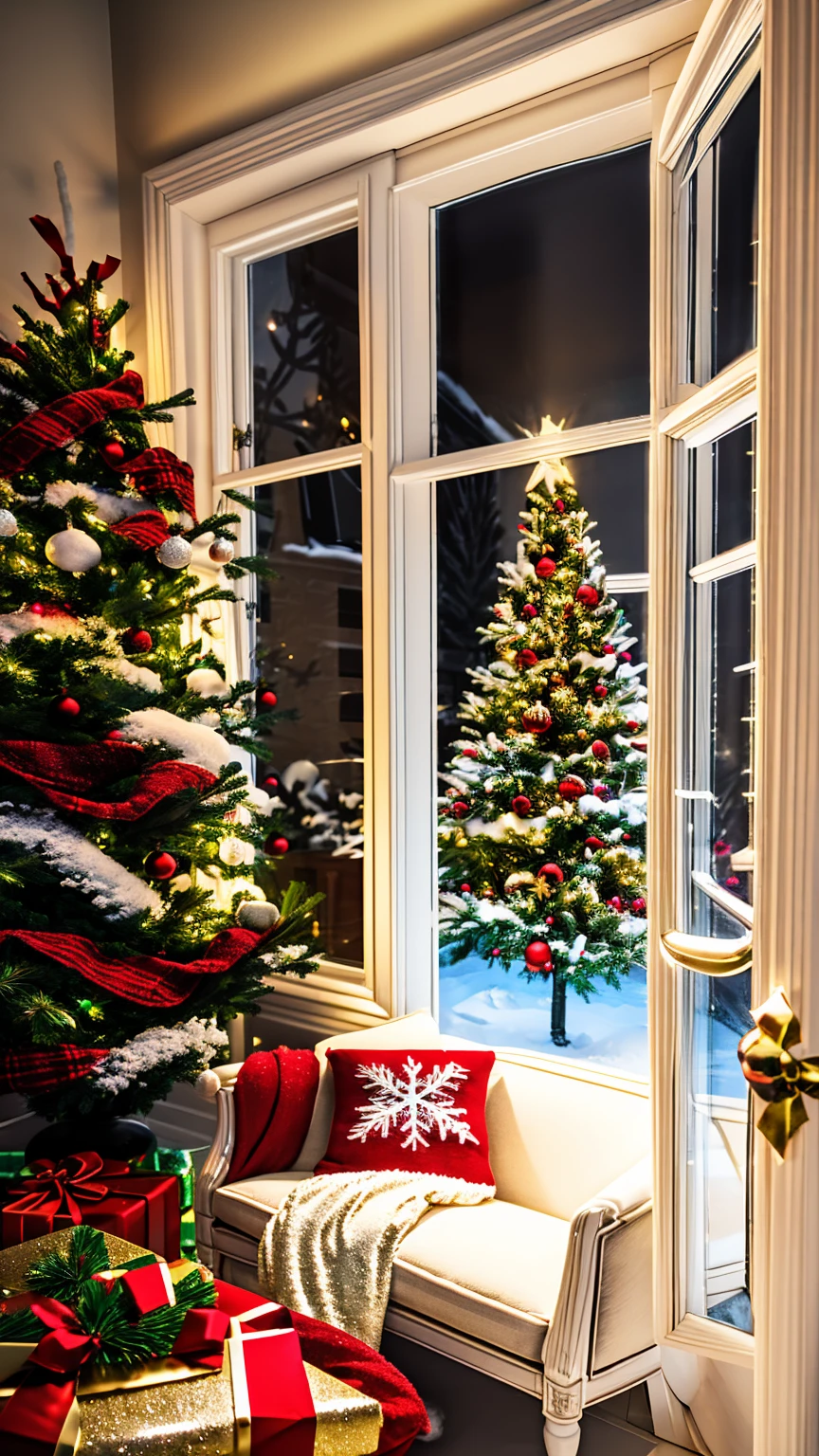 Vintage Christmas living room, warm and cozy fireplace, red and green Christmas tree with glass ornaments, nostalgic frosty window showing snowfall, old-fashioned gift boxes tied with ribbons, soft lighting, armchair with knitted blanket, detailed textures, golden glow